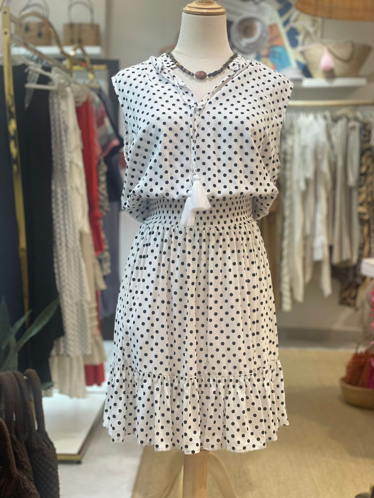 Lily Dress Cropped - White Polka Dot