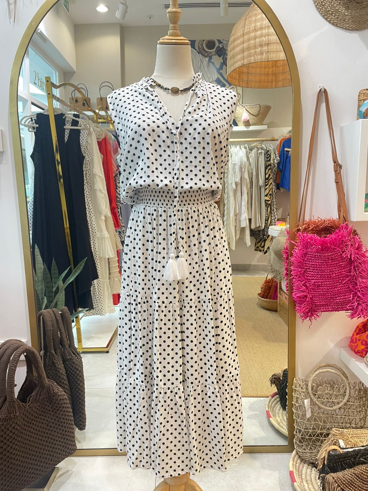 Lily Dress Long - White Polka Dot