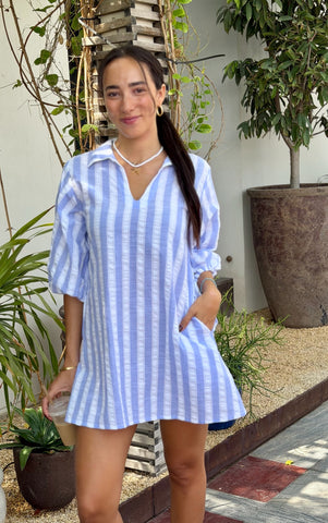 Grace Dress Cotton Seersucker - Light Blue Stripe