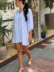 Grace Dress Cotton Seersucker - Light Blue Stripe