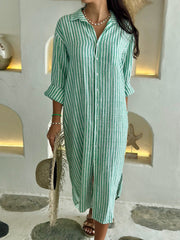 Long Sleeve Linen Shirt Dress - Green Stripe