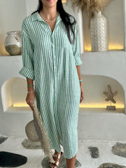 Long Sleeve Linen Shirt Dress - Green Stripe