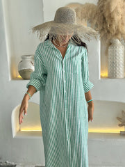 Long Sleeve Linen Shirt Dress - Green Stripe