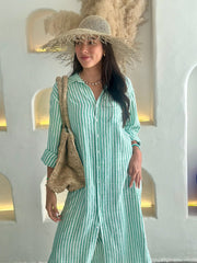 Long Sleeve Linen Shirt Dress - Green Stripe