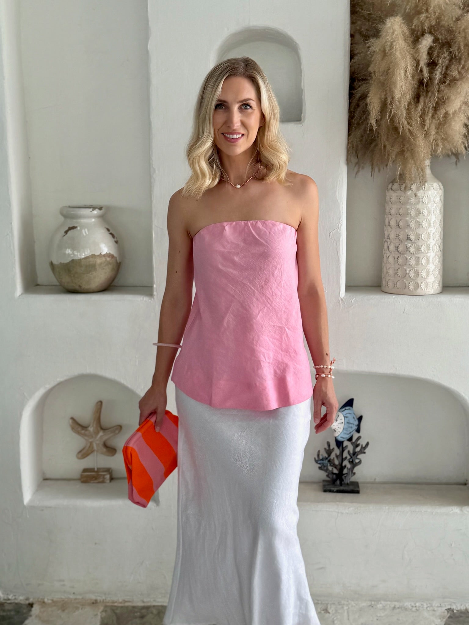 Carly Strapless Top - Pink Linen