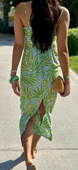 Goldie Dress Linen - Green and Blue Palm