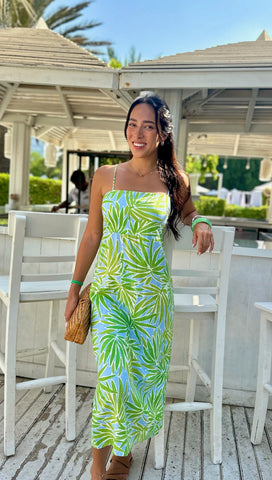 Goldie Dress Linen - Green and Blue Palm