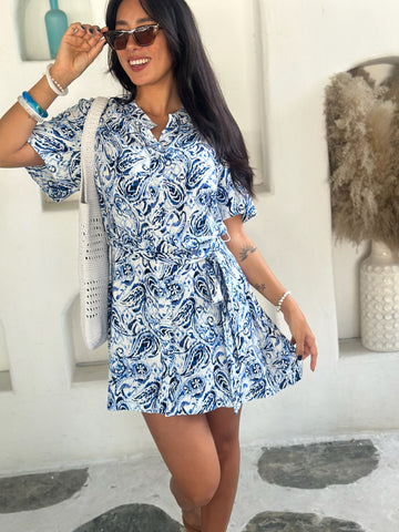 Astrid Dress -  Blue Paisley Linen