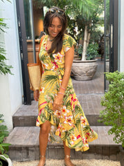 Maxi Wrap Dress - Mustard Tropical