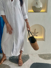 Long Sleeve Linen Shirt Dress - White