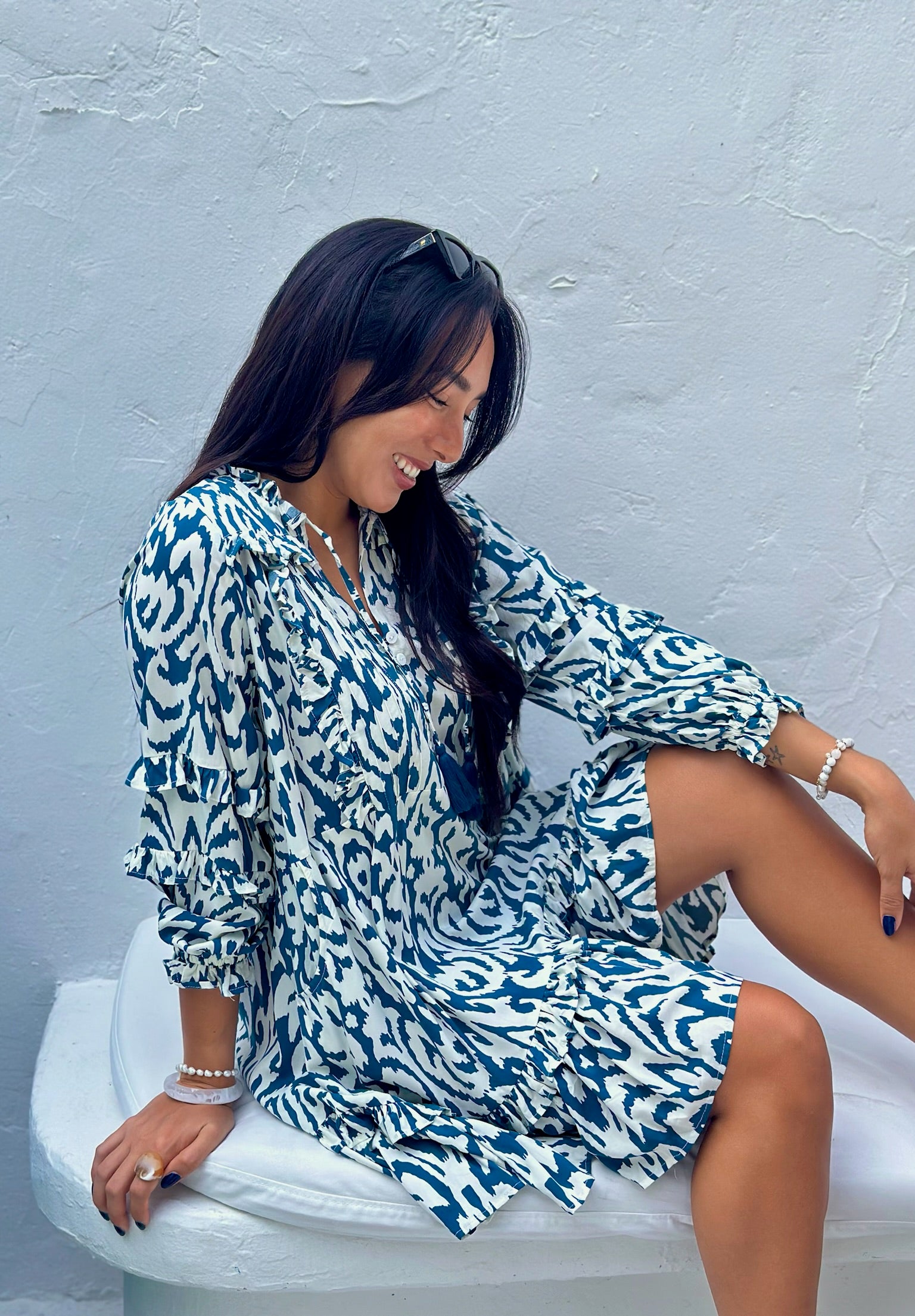 Gigi Dress Rayon - Teal Blue Ikat