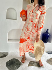 Cleo Dress - Orange Greek Island Print