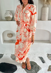 Cleo Dress - Orange Greek Island Print