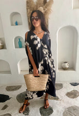 V Neck Kaftan - Black and Grey Tie Dye