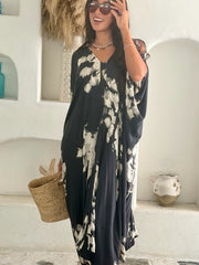V Neck Kaftan - Black and Grey Tie Dye