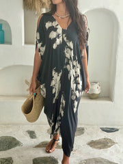 V Neck Kaftan - Black and Grey Tie Dye