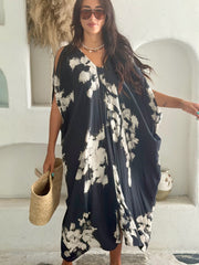 V Neck Kaftan - Black and Grey Tie Dye