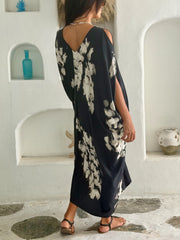 V Neck Kaftan - Black and Grey Tie Dye