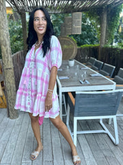 Mimi Dress - Pink and White Check Linen