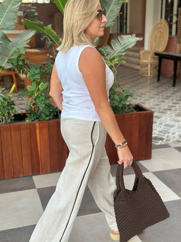 Linen Trousers - Natural with Chocolate Trim