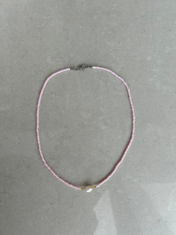 Seed Bead Necklace with Pearl - Pale Pink