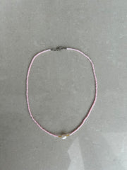 Seed Bead Necklace with Pearl - Pale Pink