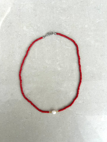 Seed Bead Necklace with Pearl - Coral