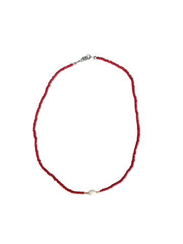 Seed Bead Necklace with Pearl - Coral