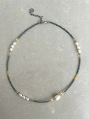 Bead and Pearl Necklace - Soft Grey