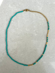 Seed Bead Necklace Short - Turquoise and Gold