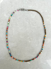 Seed Bead Necklace Short - Bright Multicolour with Bronze