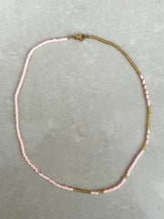 Seed Bead Necklace Short - Pale Pink and Bronze