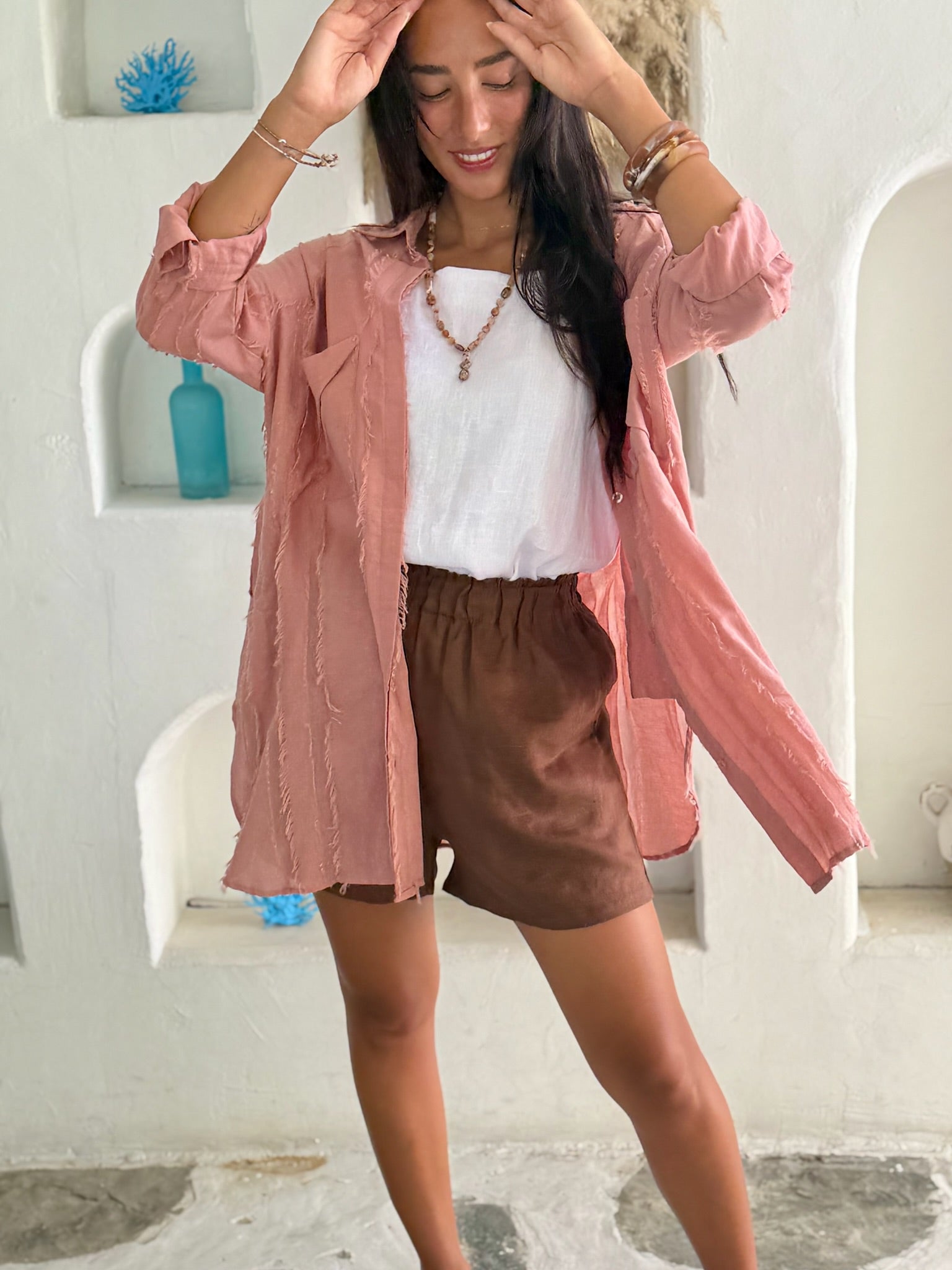 Shirt Dress Cotton Fringe - Musk Pink