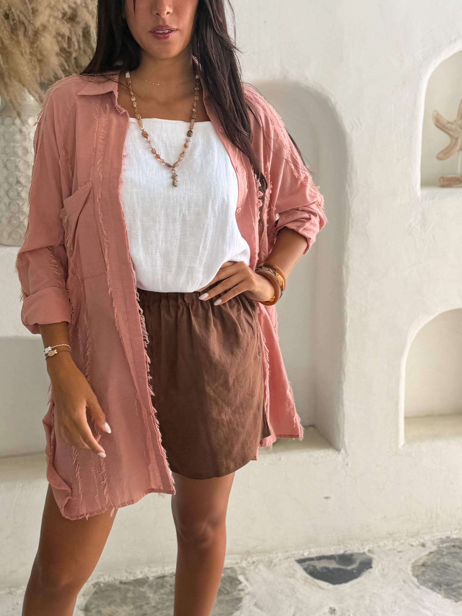 Shirt Dress Cotton Fringe - Musk Pink