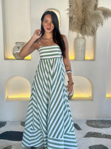 Polly Dress - Green Stripe Seersucker