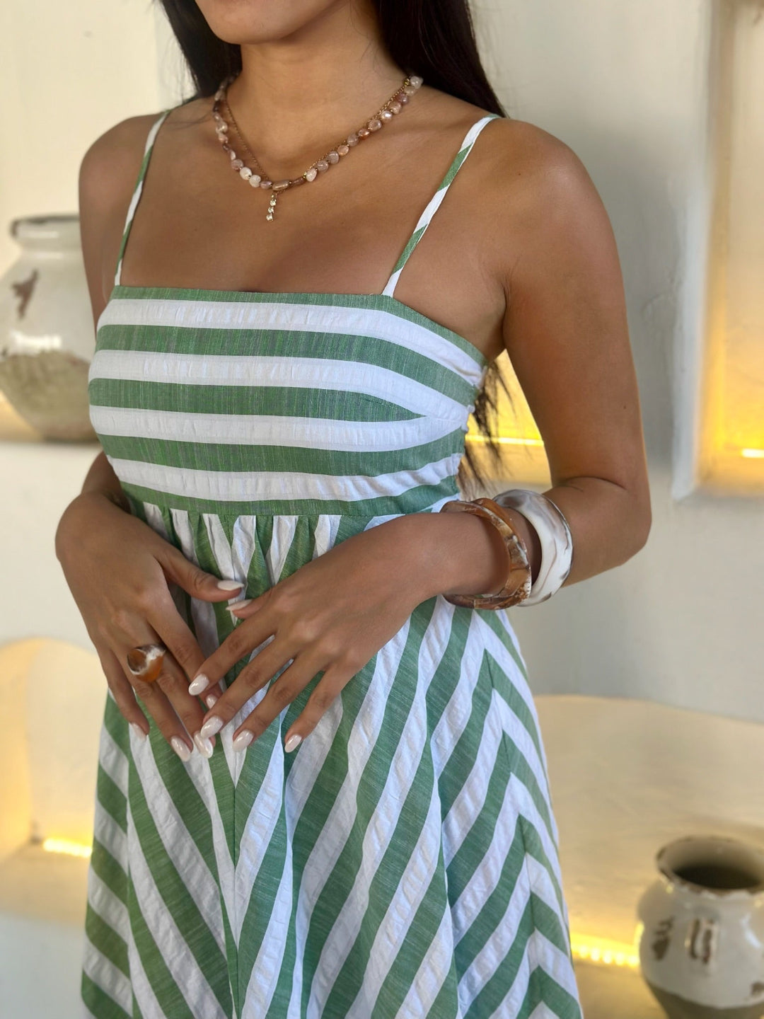 Polly Dress - Green Stripe Seersucker