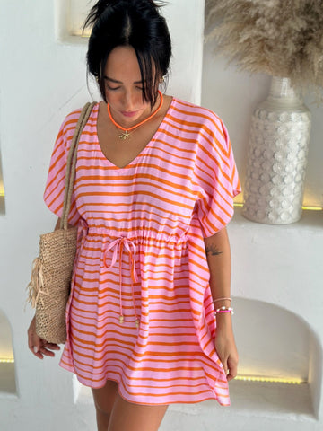 Angel Kaftan - Pink with Orange stripe