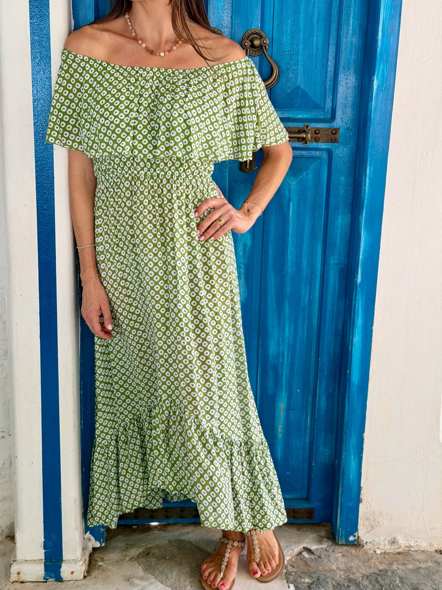 Double Frill Dress - Green Spot
