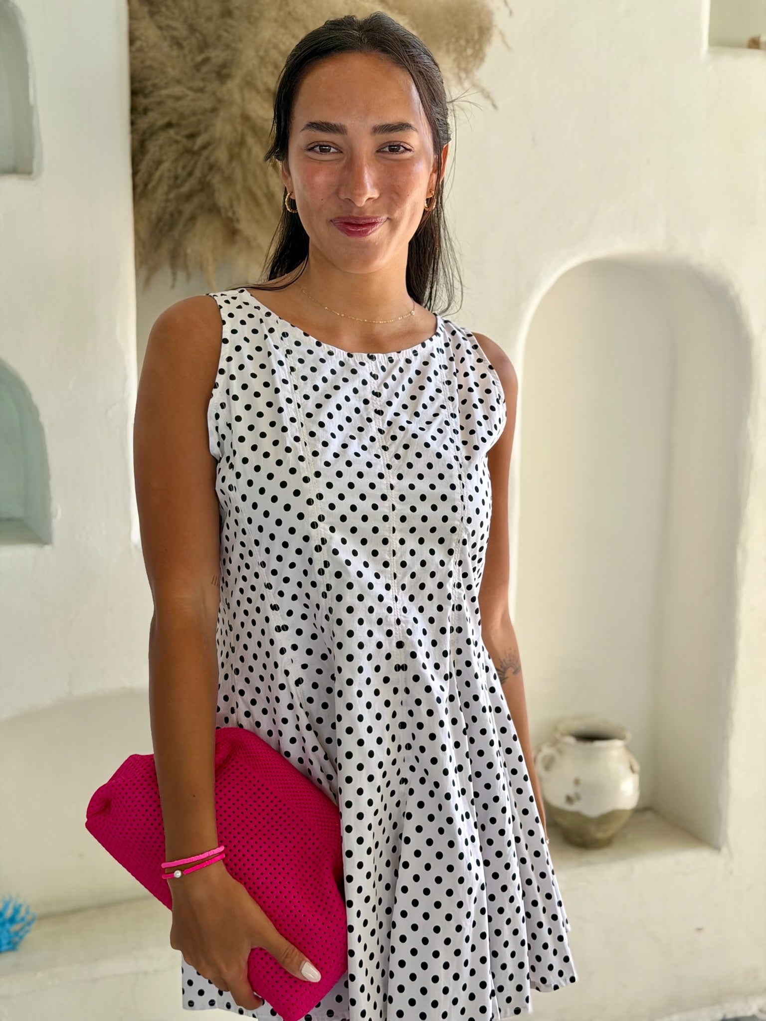 Charlie Dress - White Cotton Polka Dot