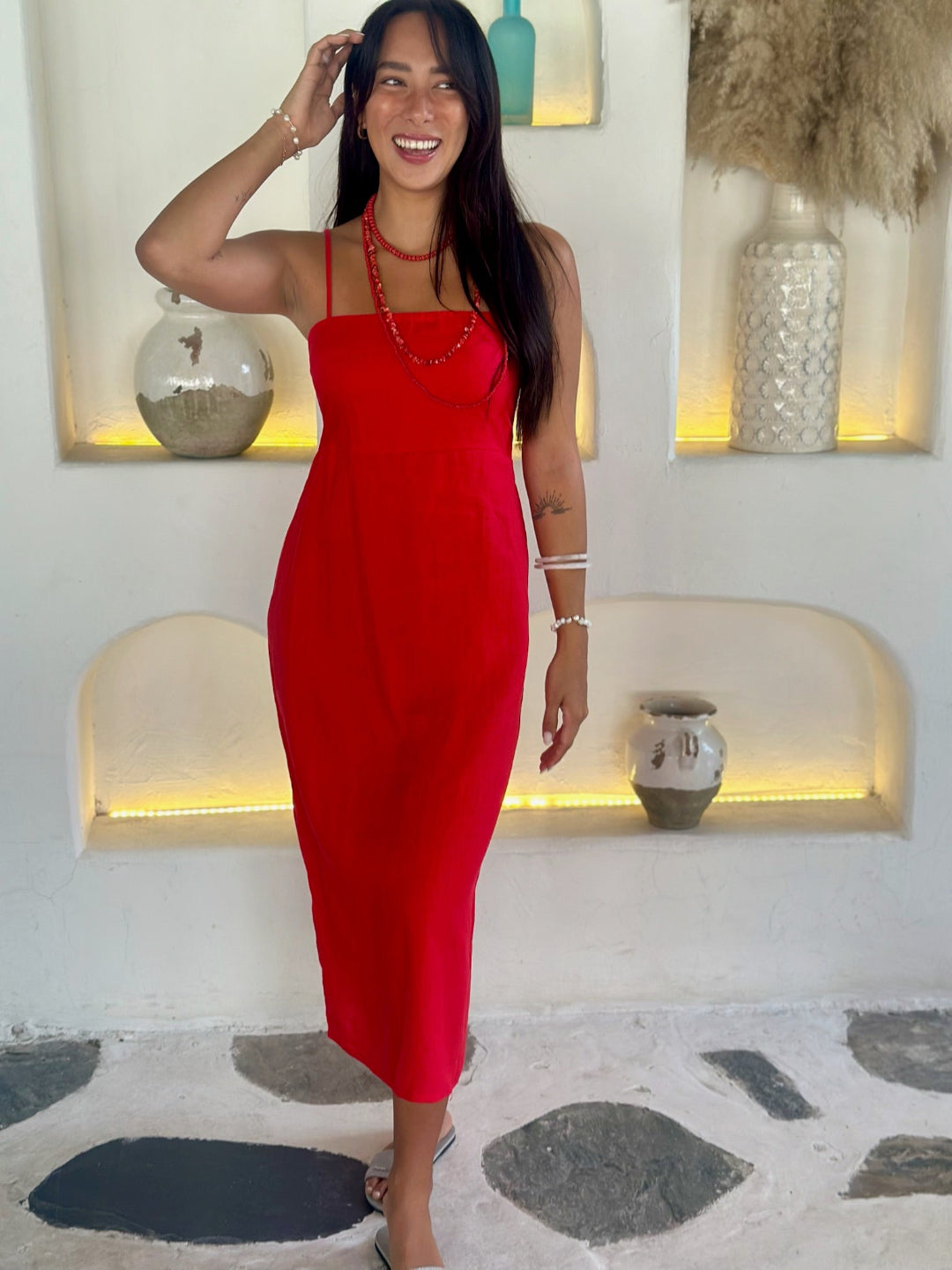 Goldie Dress - Red Linen