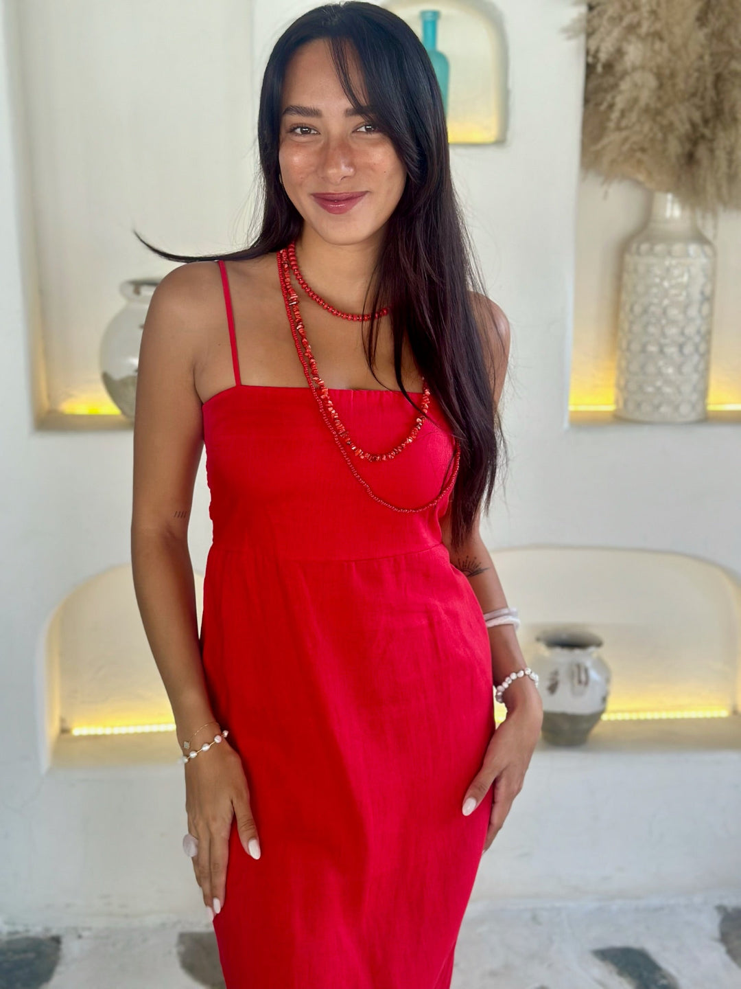 Goldie Dress - Red Linen