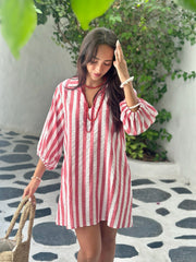 Grace Dress Cotton Seersucker - Red Stripe