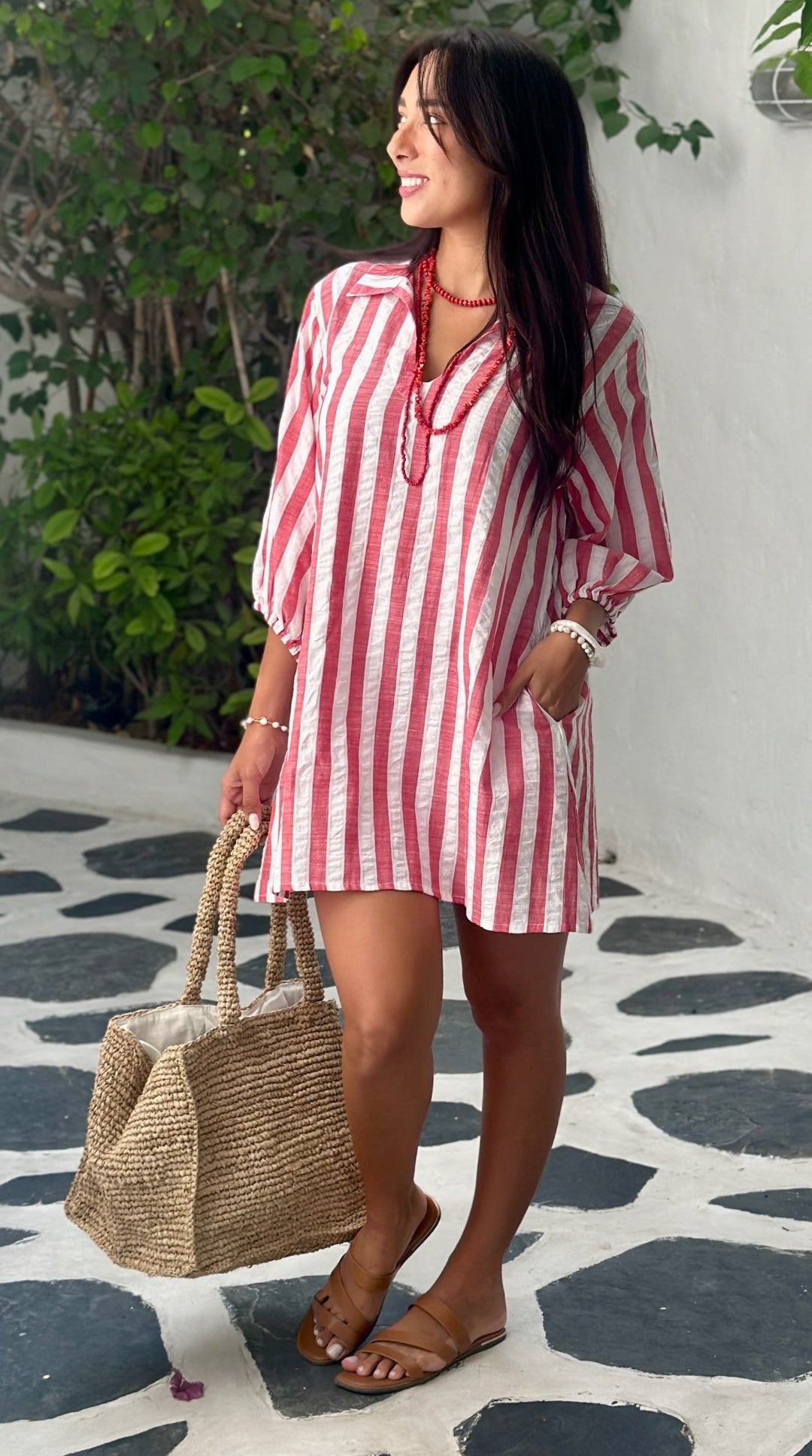 Grace Dress Cotton Seersucker - Red Stripe