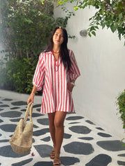 Grace Dress Cotton Seersucker - Red Stripe