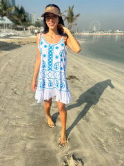 Sofia Dress Embroidered - White with Sky Blue