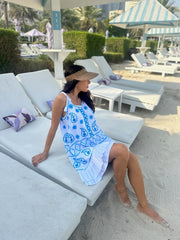 Sofia Dress Embroidered - White with Sky Blue