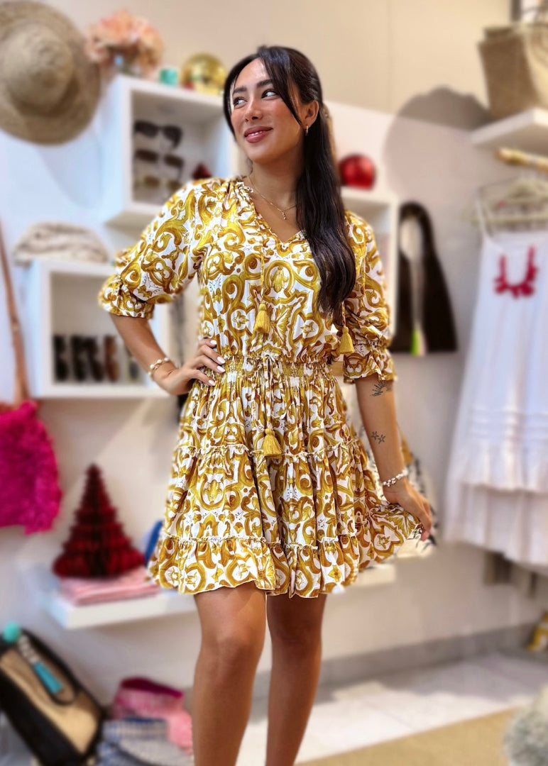 Gemma Dress - Gold Chinoiserie