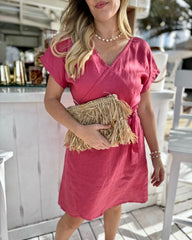 Short Linen Wrap Dress - Deep Pink