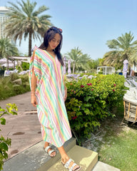 V Neck Kaftan - Linen - Stripe