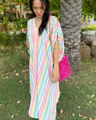 V Neck Kaftan - Linen - Stripe